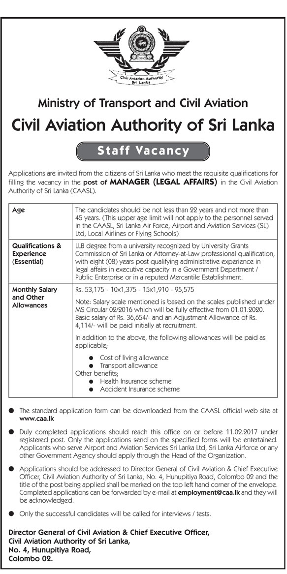 Manager (Legal Affairs) - Civil Aviation Authority of Sri Lanka